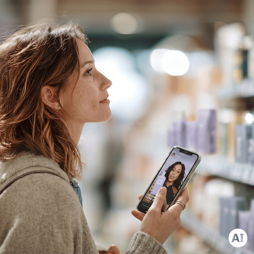 Shopperin am POS nutzt ihr Smartphone mit Creator Content während der Produktauswahl im Regal.